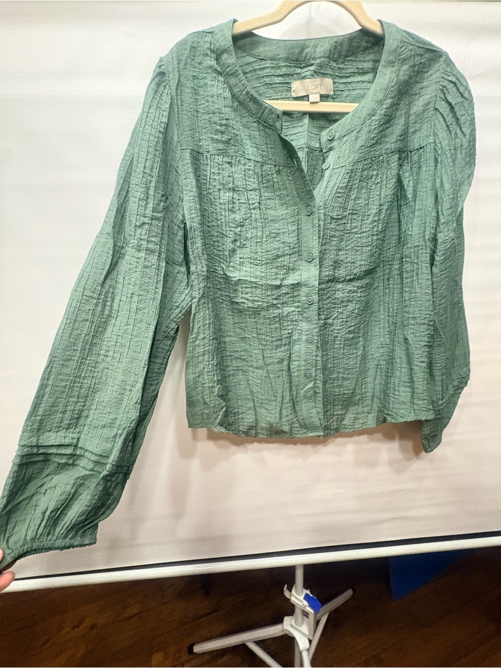 LOFT Sage Green Crinkled Button-Down Blouse